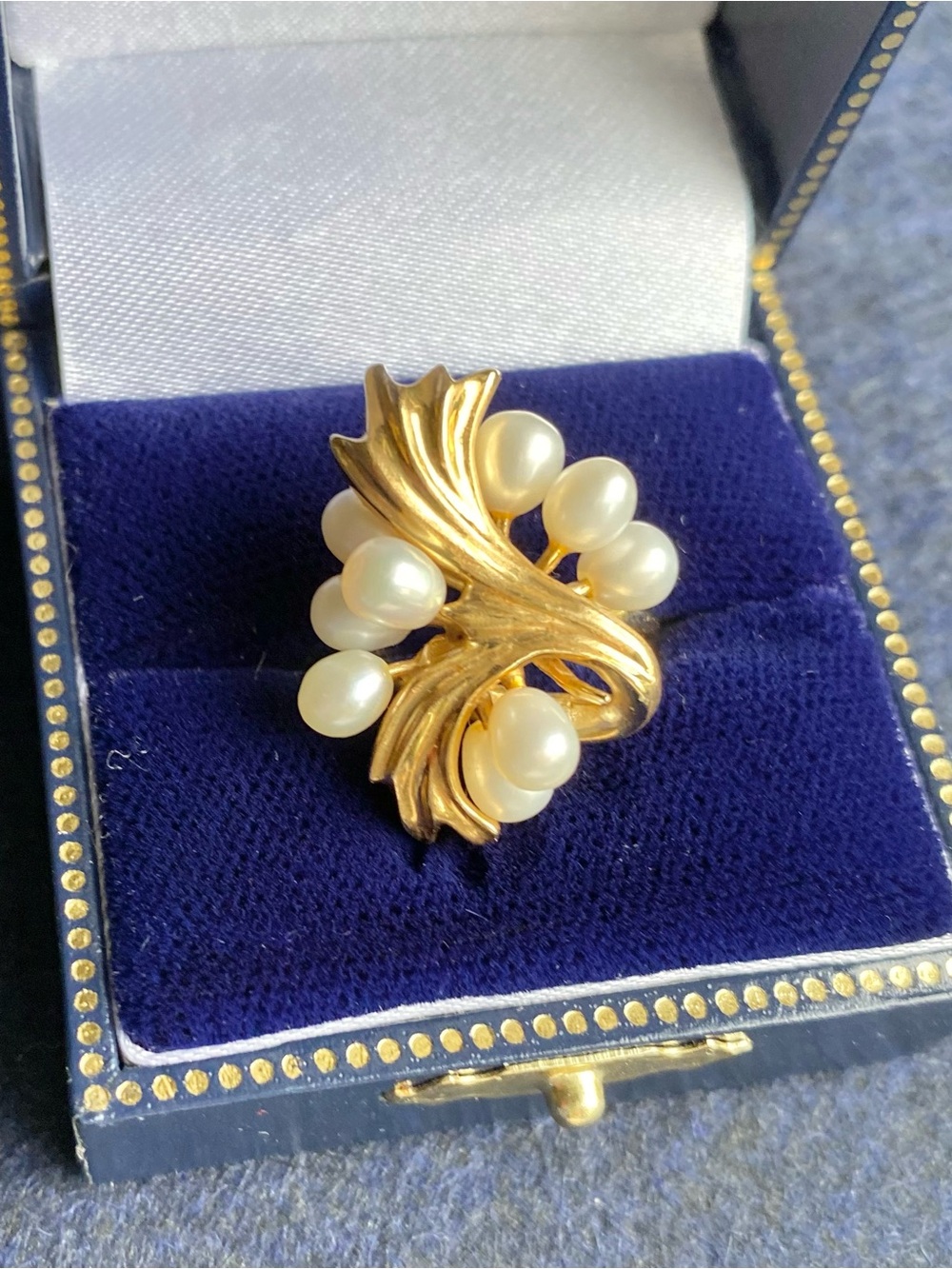 14k Yellow Gold RESCO signed Swirl + Smooth Drop Pearl Cluster Ring Size 6